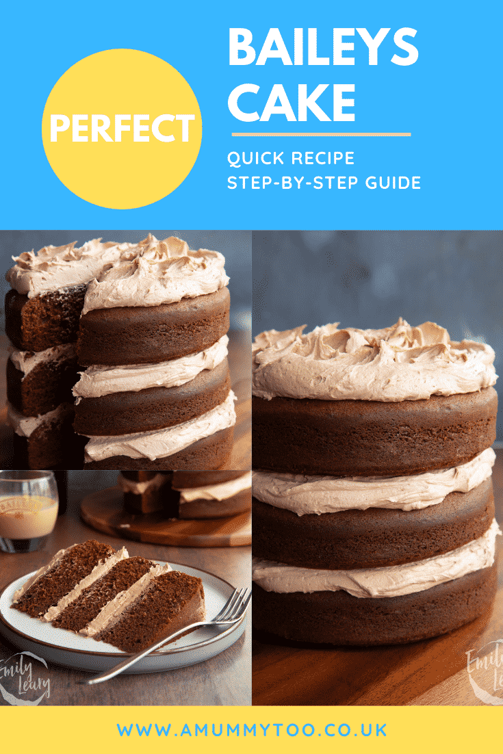 Collage of chocolate Baileys cake with Baileys buttercream frosting on a board or plate. Caption reads: Perfect Baileys cake. Quick recipe. Step-by-step guide.