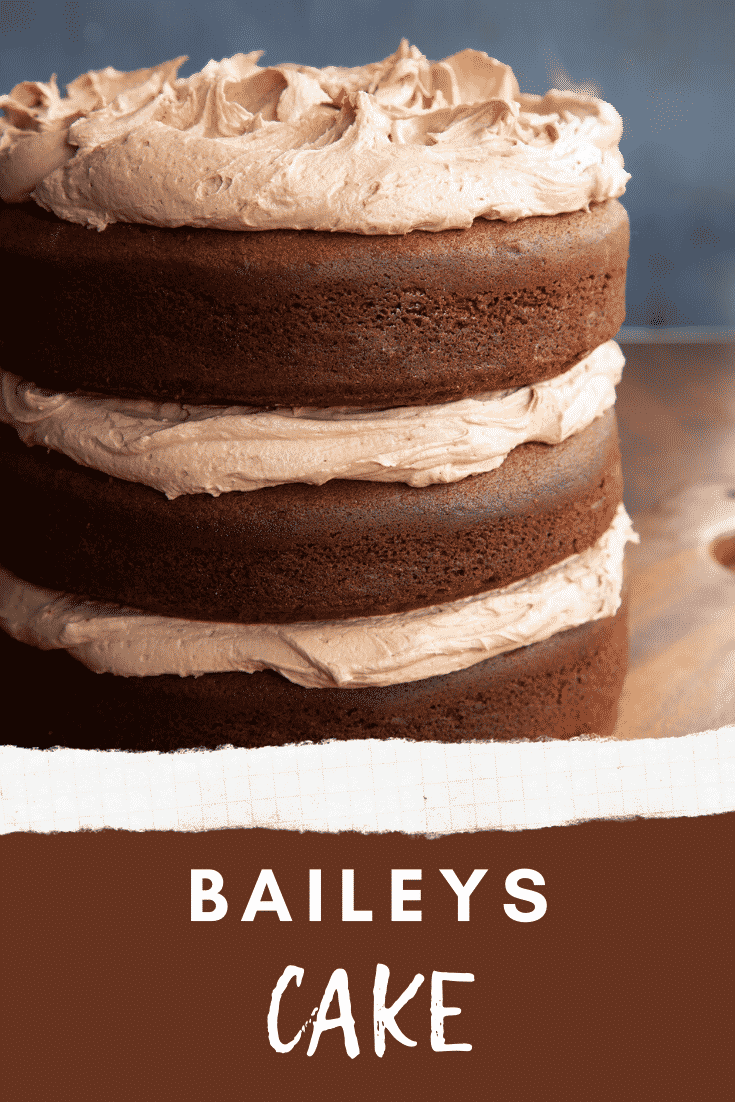 Chocolate Baileys cake with Baileys buttercream frosting on a board. Caption reads: Baileys cake.