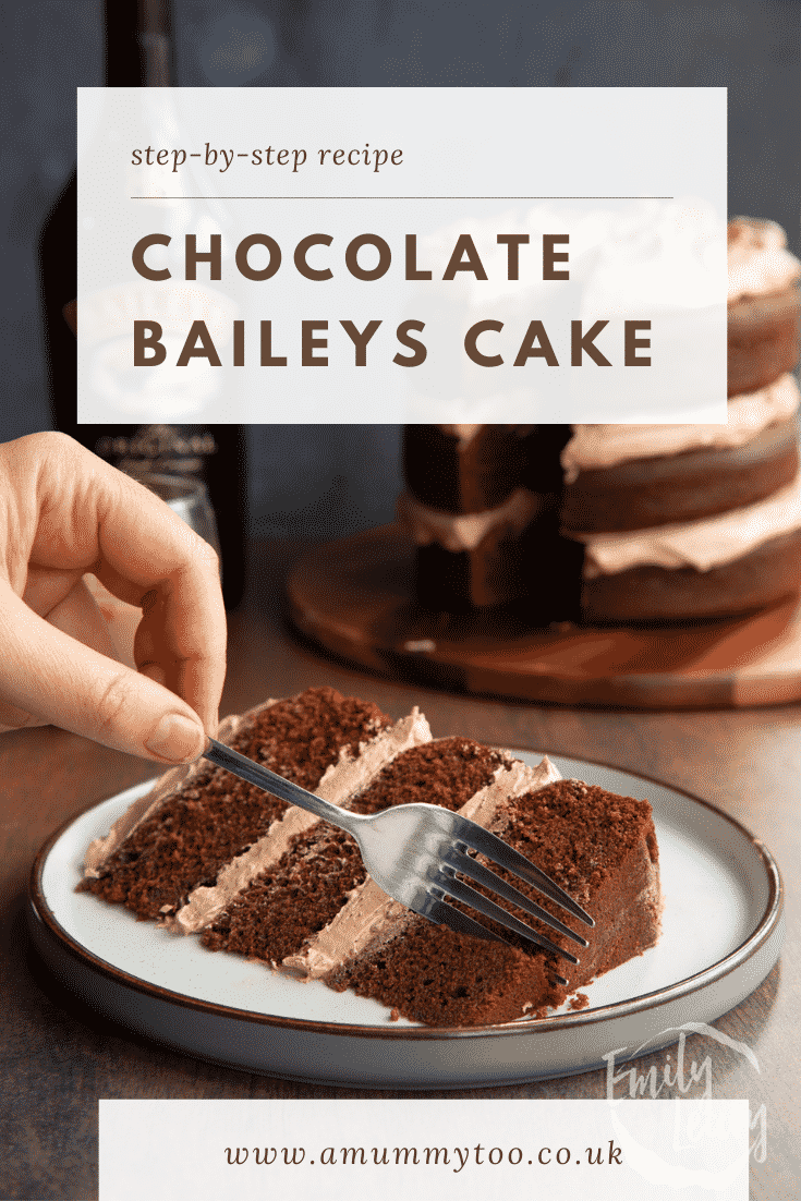 Slice of chocolate Baileys cake with Baileys buttercream frosting on a white plate with a hand holding a fork. Caption reads: Step-by-step recipe. Chocolate Baileys cake.