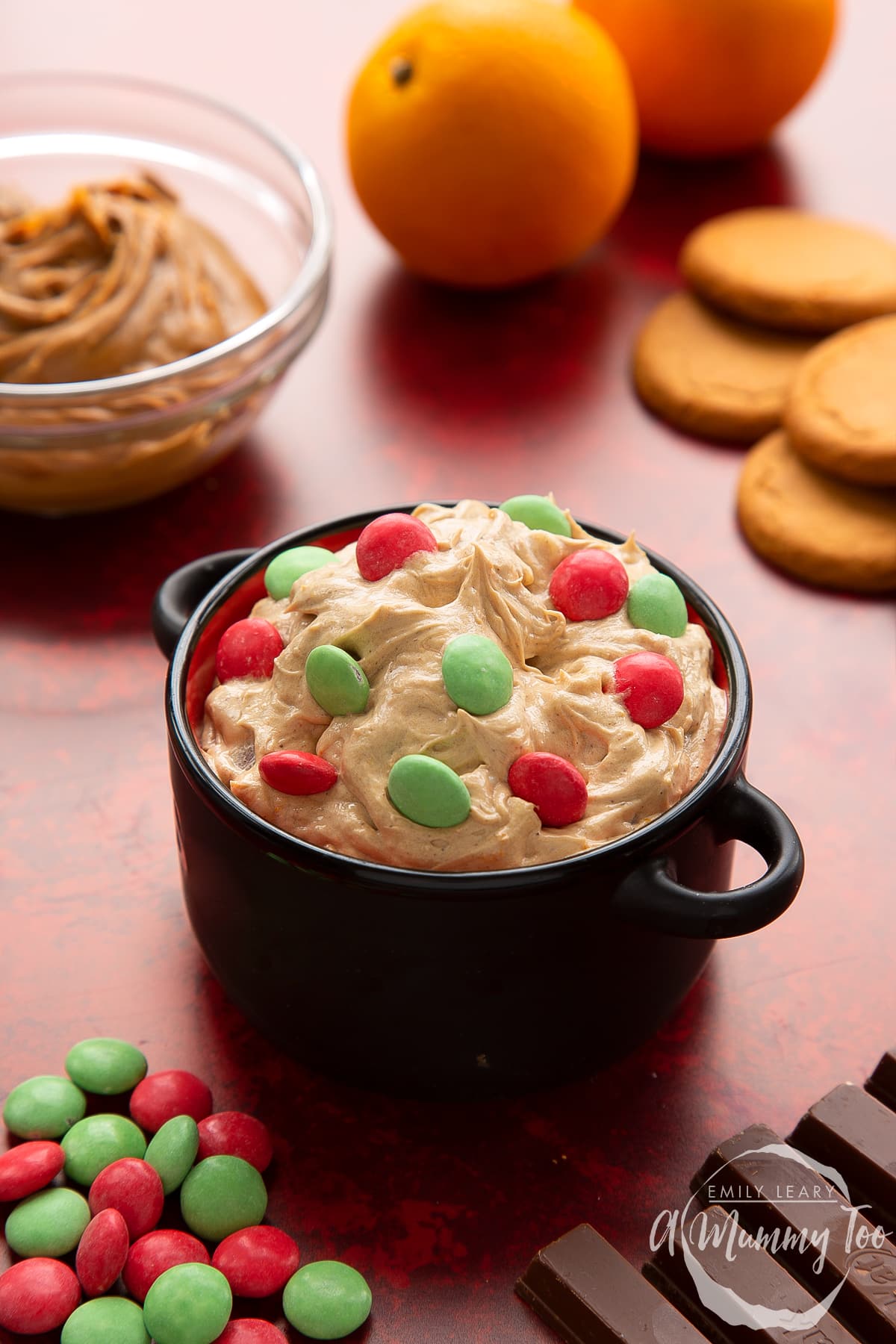 Christmas cookie dip in a black pot. 