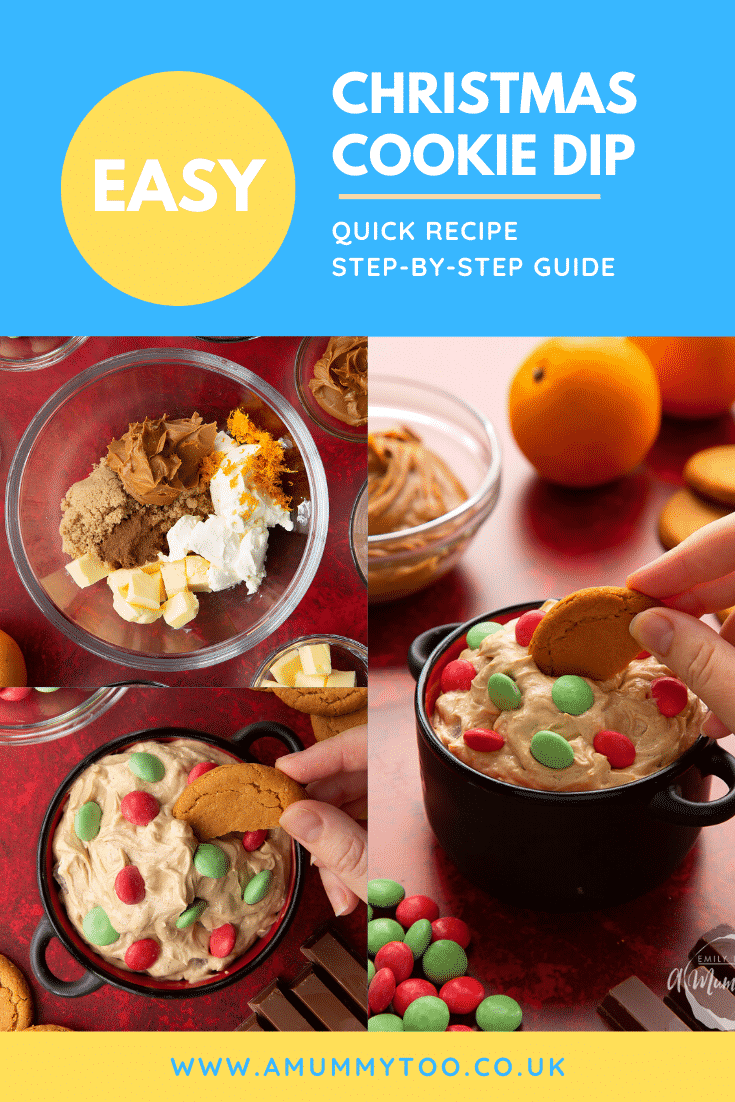Collage of Christmas cookie dip in a black pot. Caption reads: Easy Christmas cookie dip. Quick recipe. Step-by-step guide.