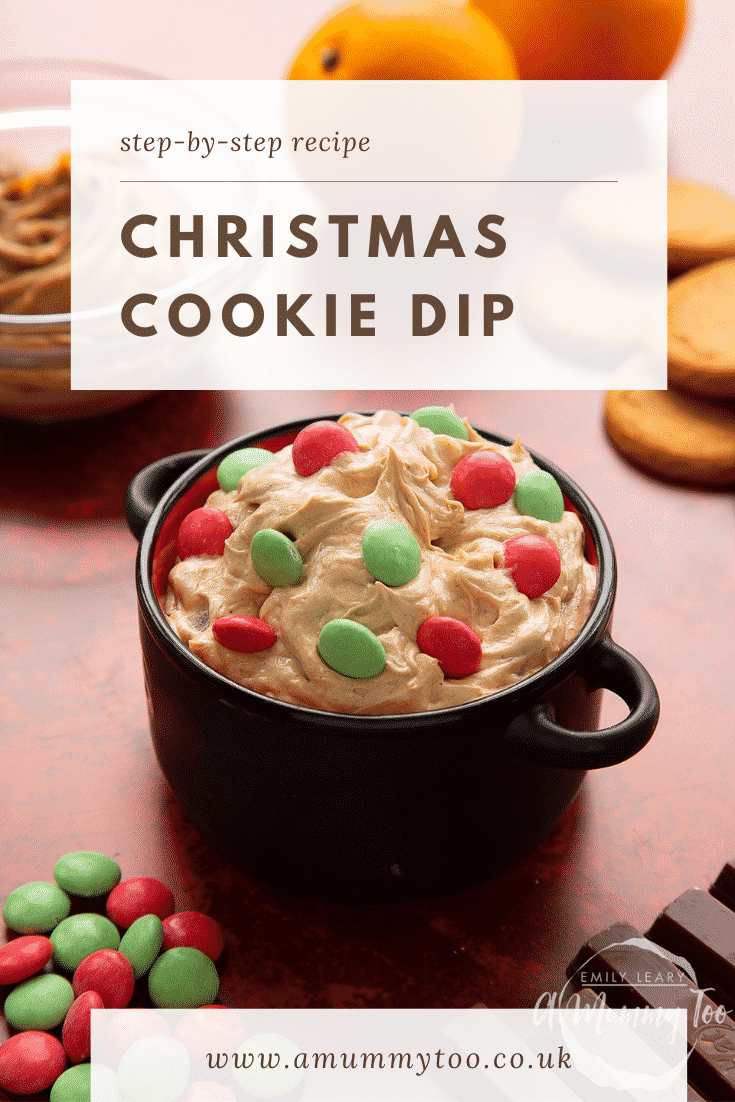 Christmas cookie dip in a black pot. Caption reads: Step-by-step recipe. Christmas cookie dip.