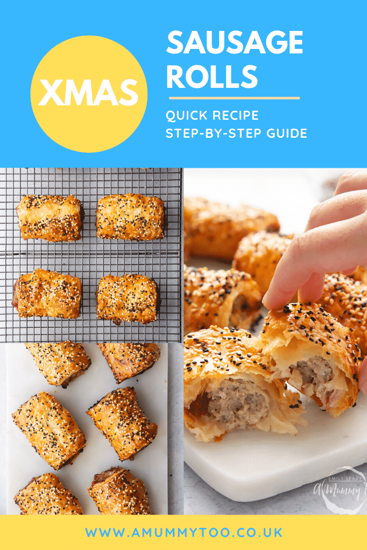 Collage of festive sausage rolls on a white marble board or cooking rack. Caption reads: Xmas sausage rolls. Quick recipe. Step-by-step guide.