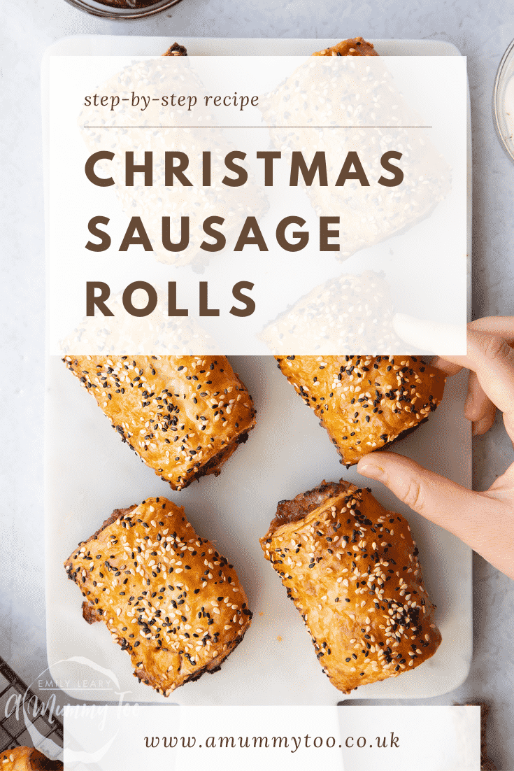 Six festive sausage rolls on a white marble board. Caption reads: Step-by-step recipe. Christmas sausage rolls