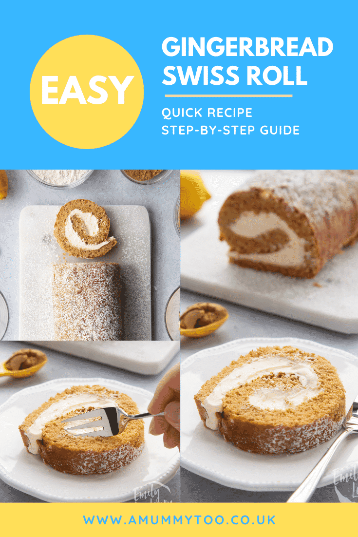 Collage of gingerbread Swiss roll on a white plate or white marble board. Caption reads: Easy Gingerbread Swiss roll. Quick recipe. Step-by-step guide.