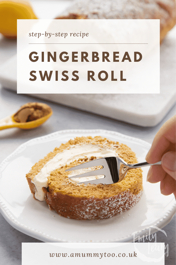 A slice of gingerbread Swiss roll on a white plate with a fork delving in. Caption reads: Step-by-step recipe. Gingerbread Swiss roll.