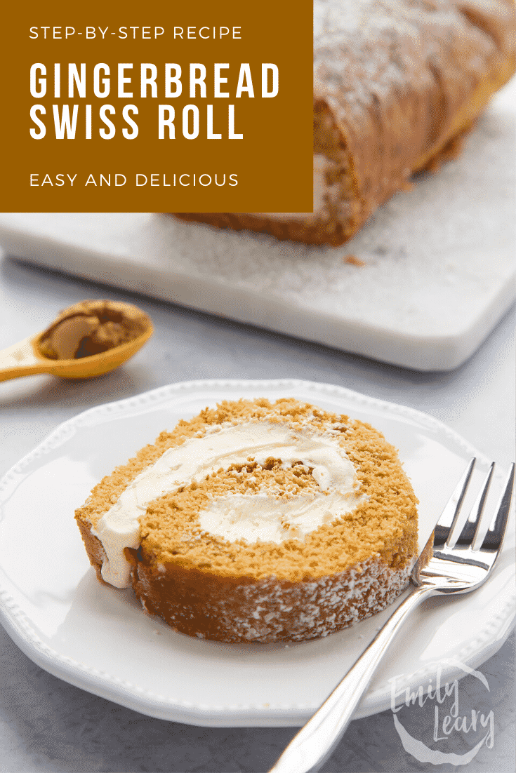 A slice of gingerbread Swiss roll on a white plate with a fork. Caption reads: Step-by-step recipe. Gingerbread Swiss roll. Easy and delicious.