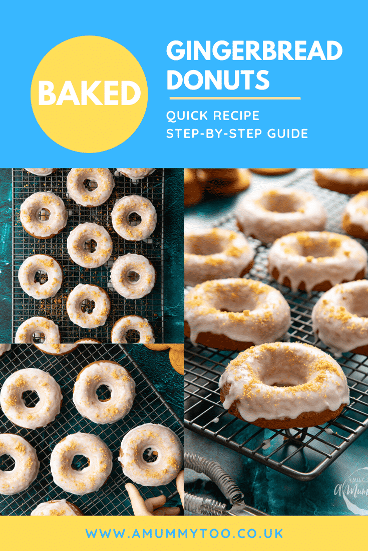 Collage of gingerbread donuts with a lemon glaze on a wire cooling rack. Caption reads: Baked ginger bread donuts. Quick recipe. Step-by-step guide.