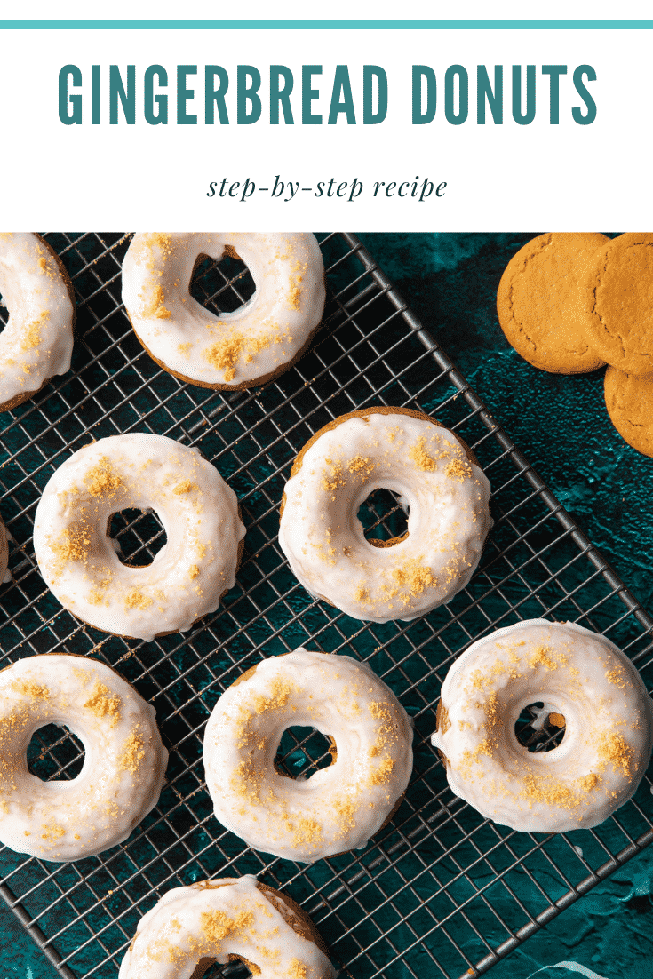 Baked gingerbread donuts with a lemon glaze on a wire cooling rack. Caption reads: Gingerbread donuts. Step-by-step recipe.