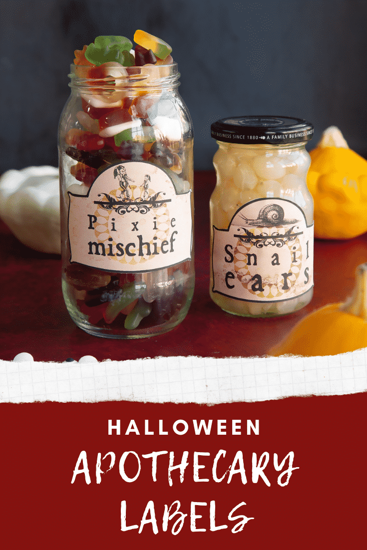 Jars of snacks fitted with Halloween apothecary labels on a red surface. Caption reads: Halloween apothecary labels. 