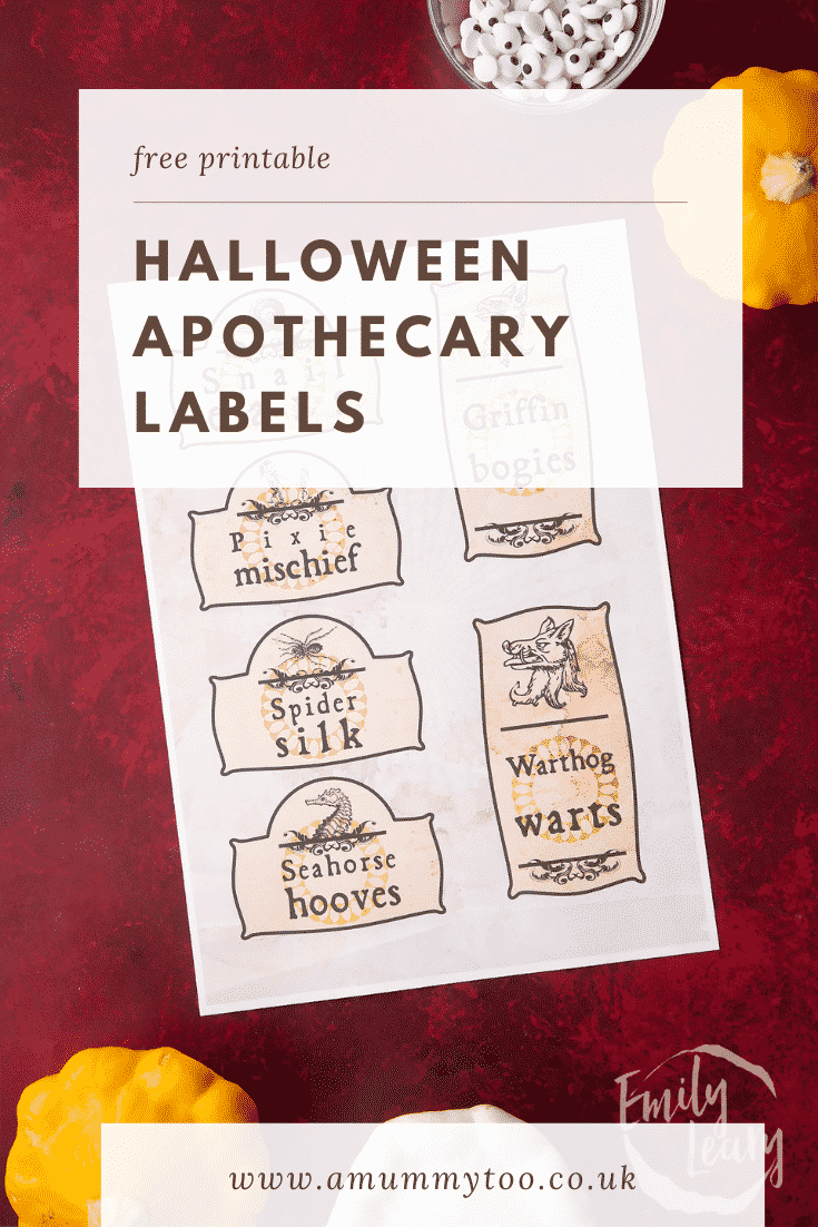 A printable sheet of Halloween apothecary labels on a red background. Caption reads: Free printable Halloween apothecary labels