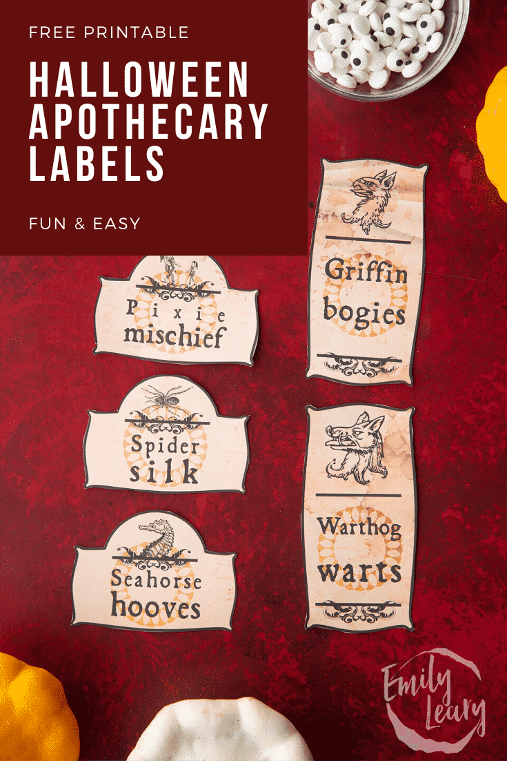 Cut out printable sheet Halloween apothecary labels on a red background. Caption reads: Free printable Halloween apothecary labels fun & easy.