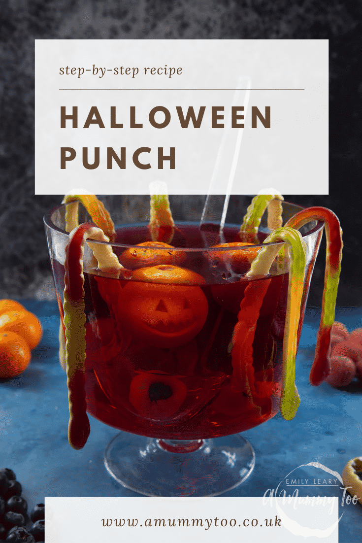 Halloween punch, decorated with fruit and gummy snakes. Caption reads: Step-by-step recipe Halloween punch.