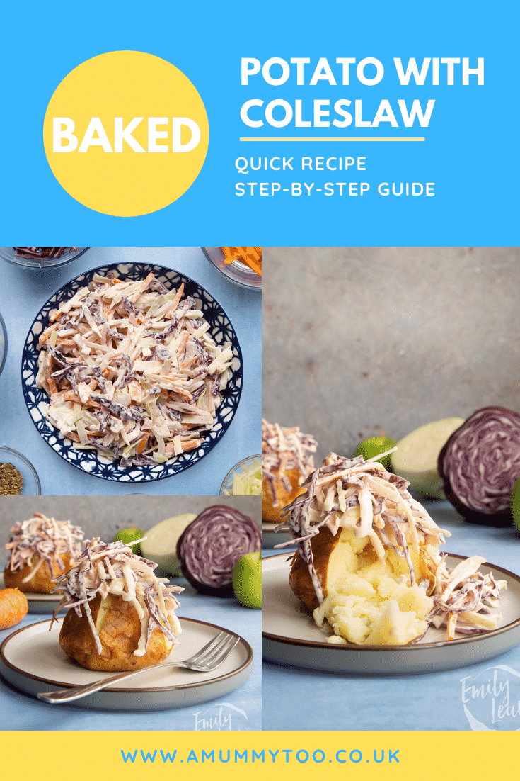Collage of a jacket potato with coleslaw on a plate. Caption reads: Baked potato with coleslaw. Quick recipe. Step-by-step guide.