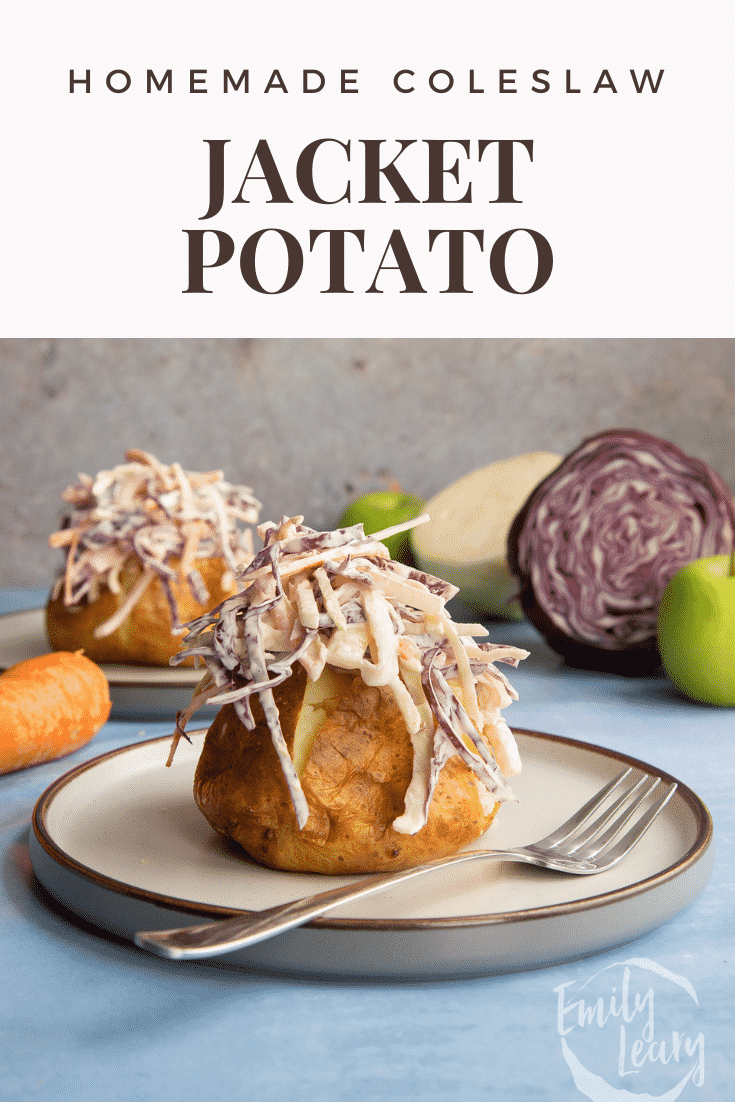 jacket potato with coleslaw on a plate with a fork. Caption reads: Homemade coleslaw jacket potato