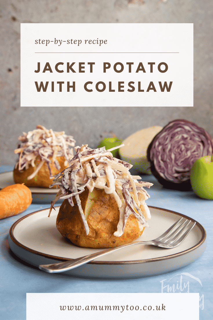 Jacket potato with homemade coleslaw on a plate with a fork. Caption reads: Step-by-step recipe. Jacket potato with coleslaw.