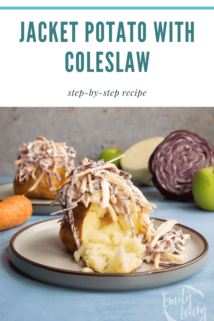 jacket potato with coleslaw on a plate. Caption reads: jacket potato with coleslaw. Step-by-step recipe.