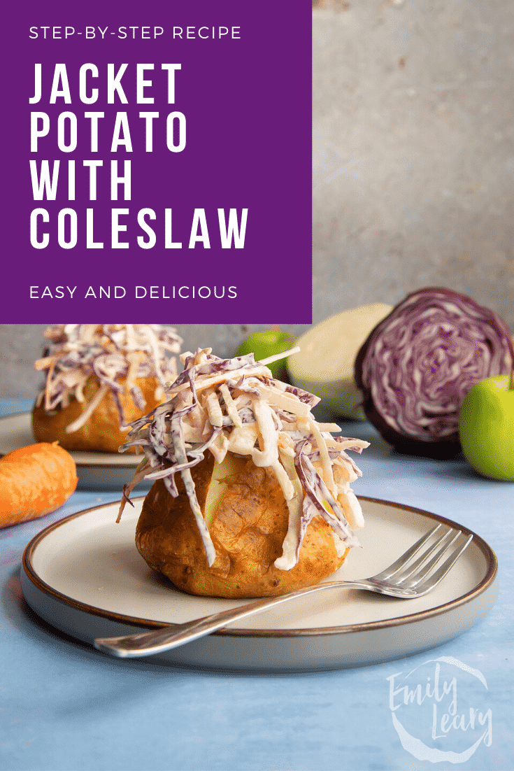 jacket potato with coleslaw on a plate with a fork. Caption reads: Step-by-step recipe jacket potato with coleslaw. Easy and delicious.
