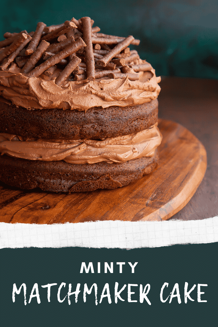 Matchmaker cake on a board. Caption reads: Step-by-step recipe. Minty Matchmaker cake.