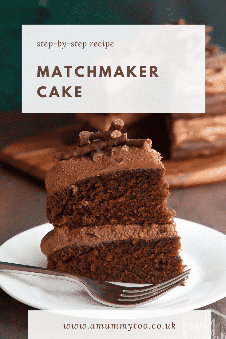 Slice of Matchmaker cake on a white plate with a fork. Caption reads: Step-by-step recipe. Mint chocolate Matchmaker cake.