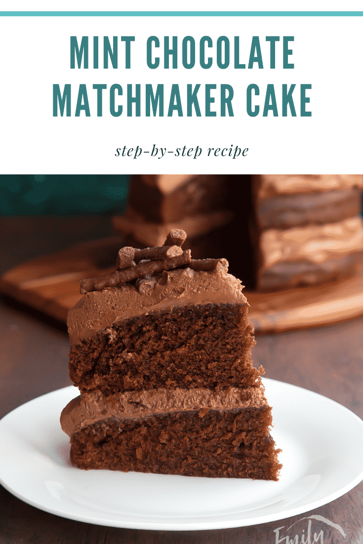 Slice of Matchmaker cake on a white plate. Caption reads: Mint chocolate Matchmaker cake. Step-by-step recipe.