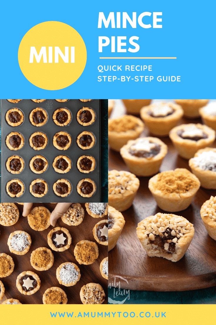 Collage of mini mince pies in a tin or on a dark wooden board. Caption reads: Mini mince pies. Quick recipe. Step-by-step guide.