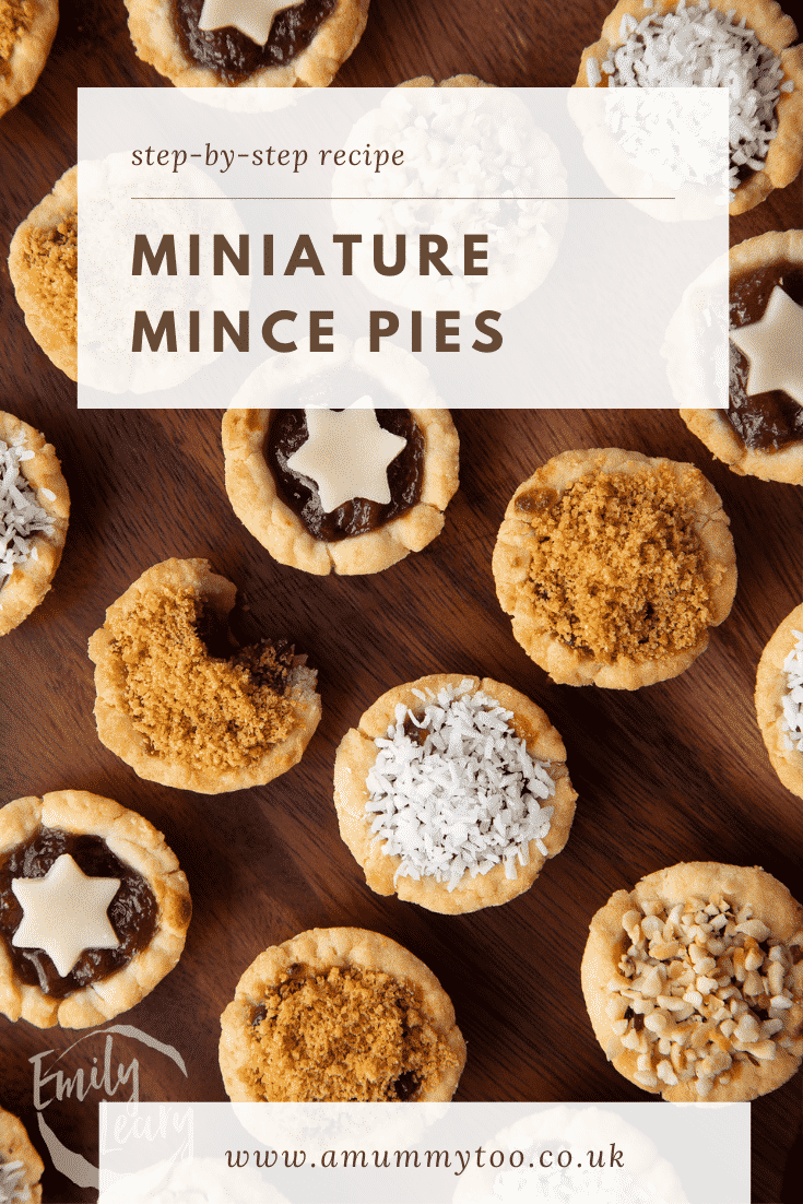 Mini mince pies on a dark wooden board, shown from above. Caption reads: Step-by-step recipe. Miniature mince pies.