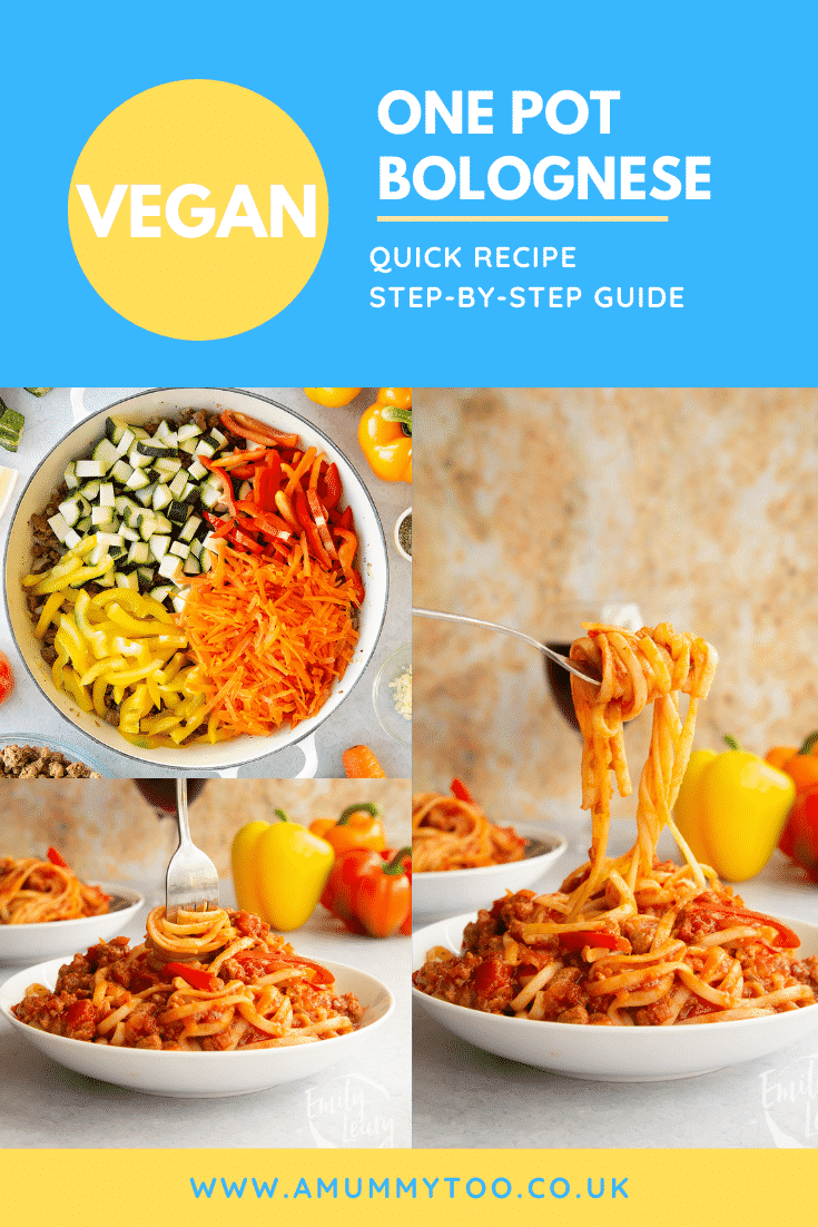 A collage of one pot vegan bolognese in a shallow white bowl. A pot of the ingredients is also shown. Caption reads: one pot vegan bolognese. Quick recipe. Step-by-step guide.