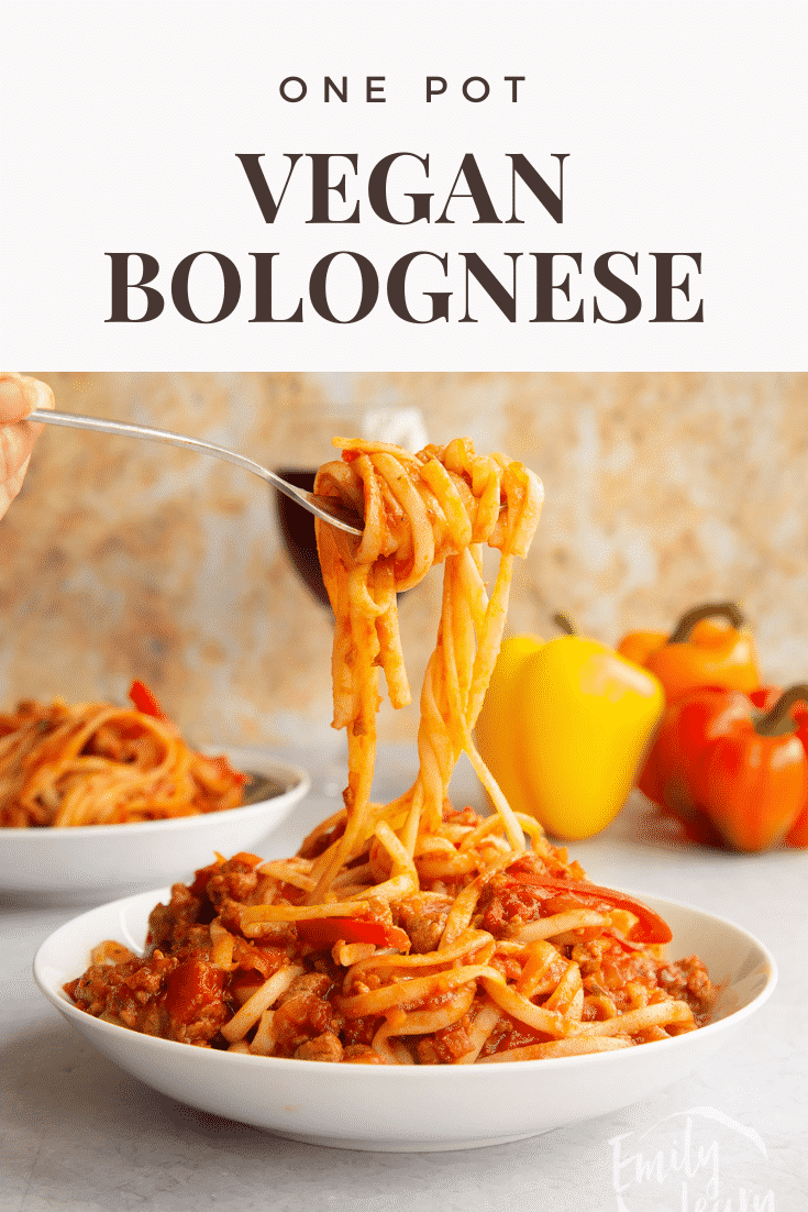 One pot vegan bolognese in a shallow white bowl. A hand lifts spaghetti from the bowl. Caption reads: one pot vegan bolognese