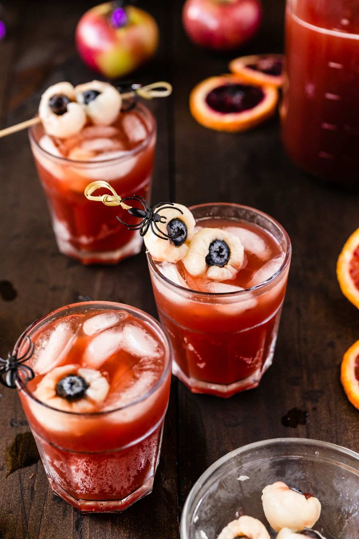 Halloween eyeball punch - a red liquid served into glasses. 