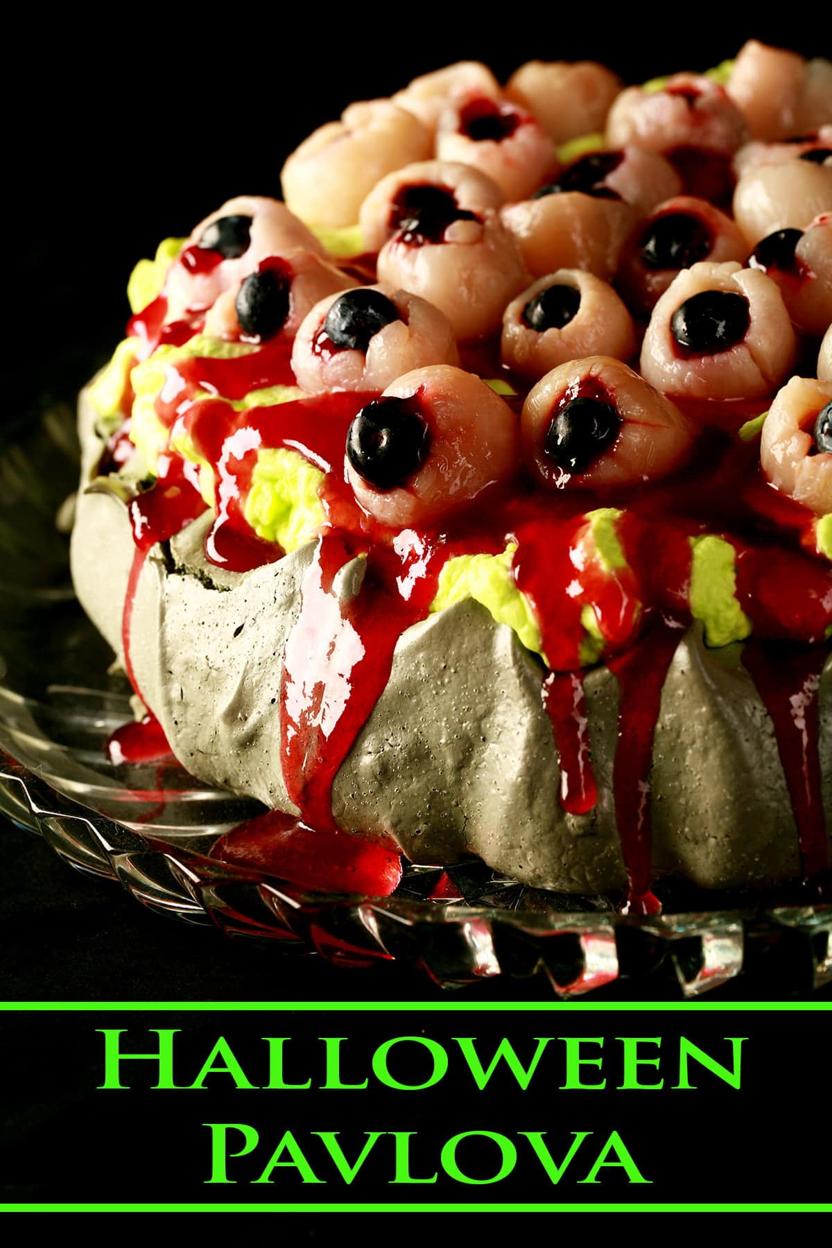 Halloween pavlova topped with lychees eyes.