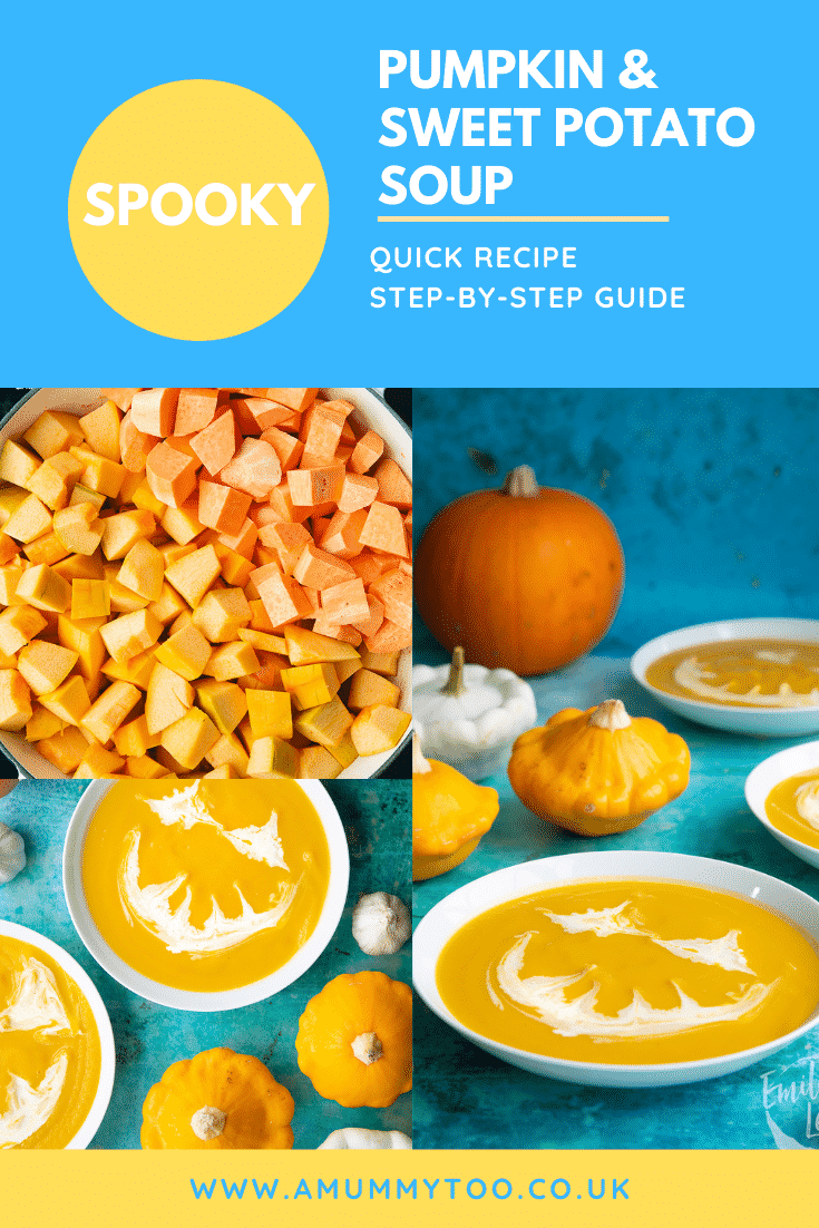 Collage of pumpkin and sweet potato soup in a white bowl. The soup has cream swirled on top to resemble a jack'o'lantern. Caption reads: Spooky pumpkin and sweet potato soup. Quick recipe. Step-by-step guide