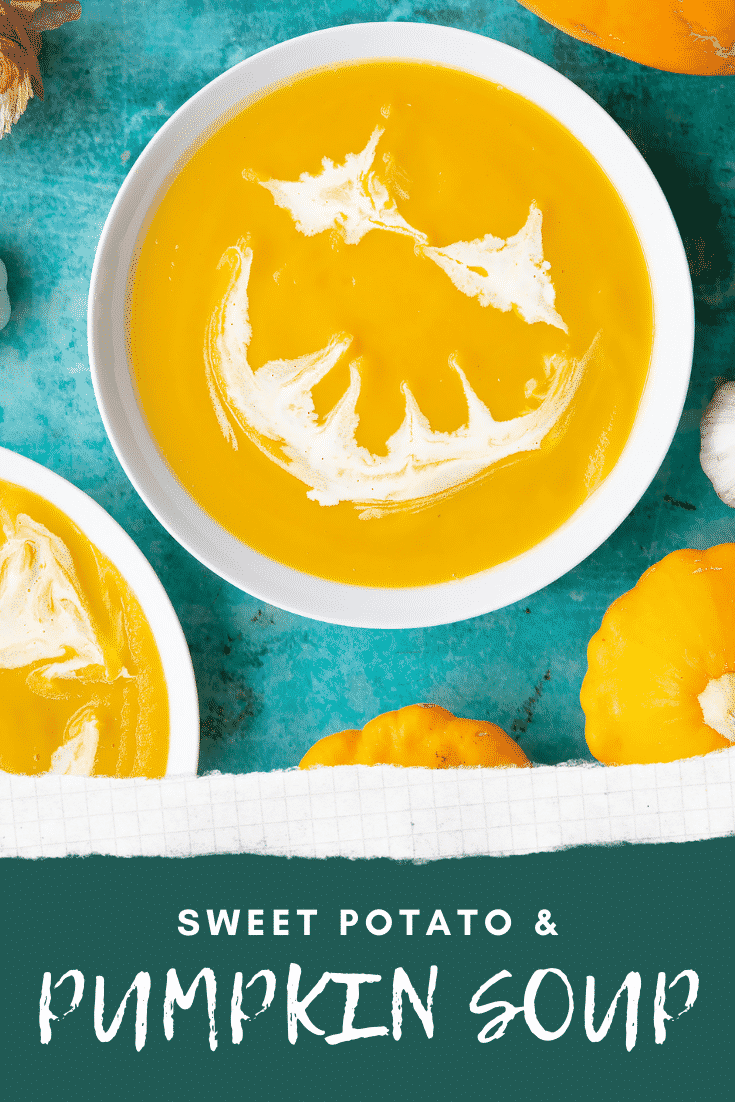 Pumpkin and sweet potato soup in a white bowl from above. The soup has cream swirled on top to resemble a jack'o'lantern. Caption reads: Pumpkin and sweet potato soup