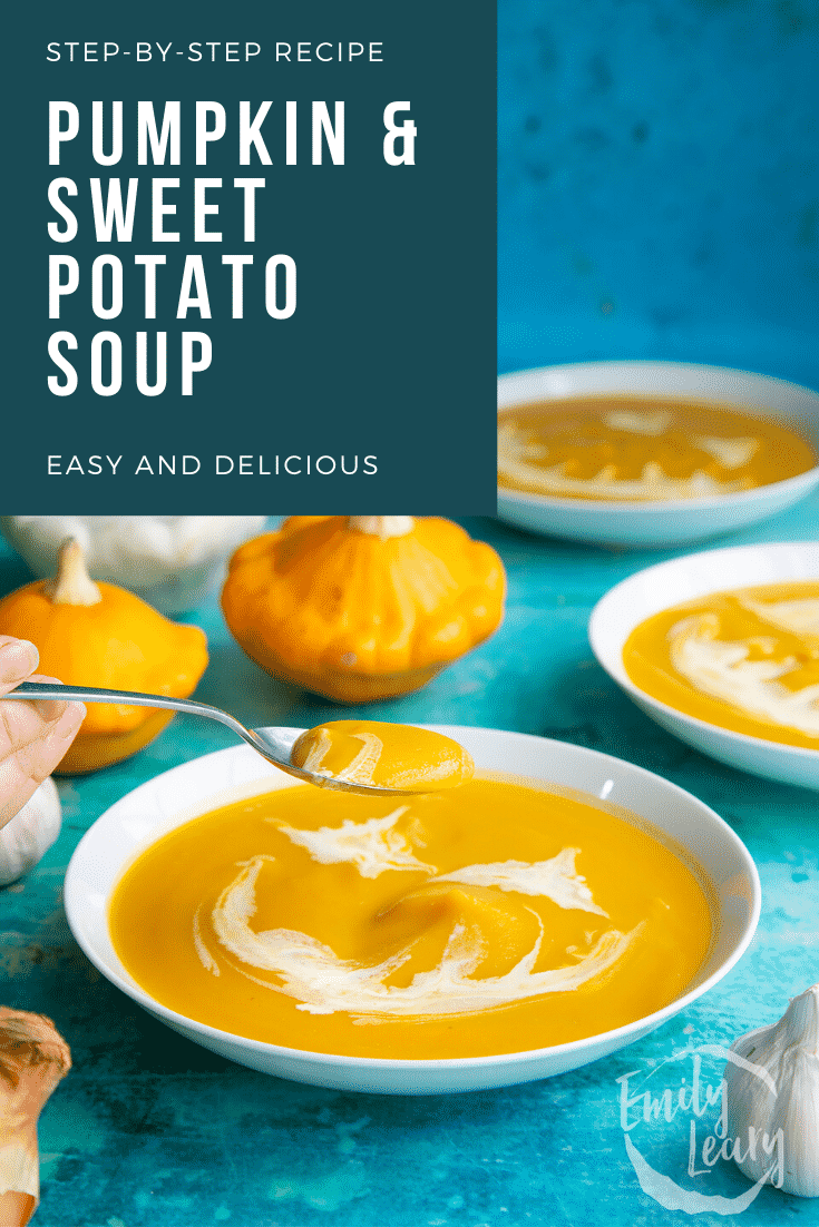 Pumpkin and sweet potato soup in a white bowl. The soup has cream swirled on top to resemble a jack'o'lantern. A hand holds a spoon, lifting some soup. Caption reads: Step-by-step recipe. Pumpkin and sweet potato soup. Easy and delicious.