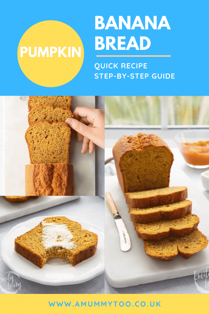 Collage of pumpkin banana bread on a white board or plate. Caption reads: Pumpkin banana bread. Quick recipe. Step-by-step guide.