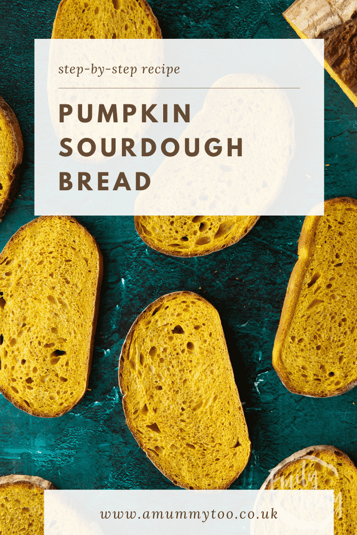 Pumpkin sourdough bread in slices. Caption reads: Step-by-step recipe. Pumpkin sourdough bread.