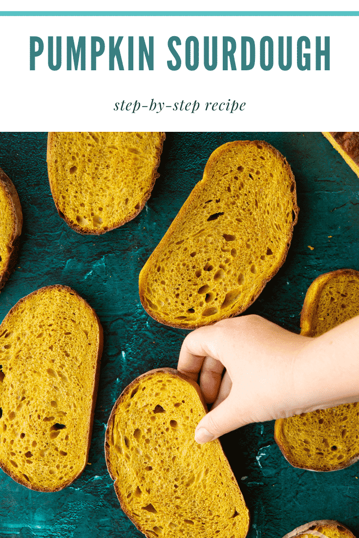 Pumpkin sourdough bread in slices. A hand reaches for one. Caption reads: Pumpkin sourdough. Step-by-step recipe.