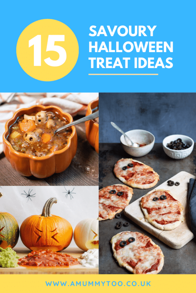 A collage of Halloween pizza, stew and taco drips. Caption reads: 15 savoury Halloween treat ideas