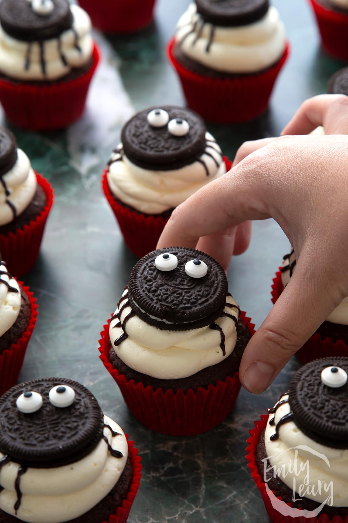 Vegan Halloween cupcakes, decorated with Oreos and candy eyes to look like spiders. A hand reaches to take one.