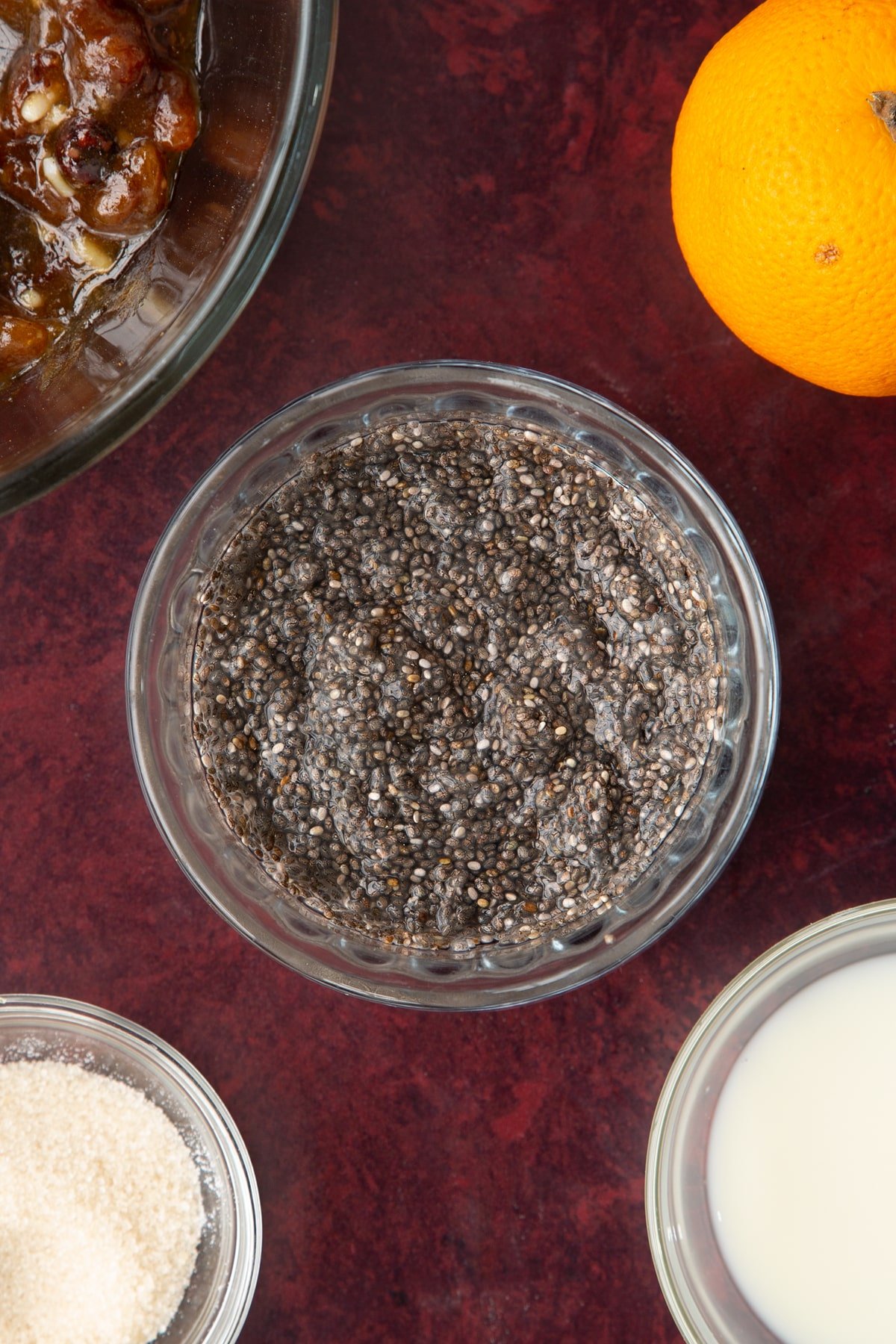Soaked chia seeds in a small glass bowl.