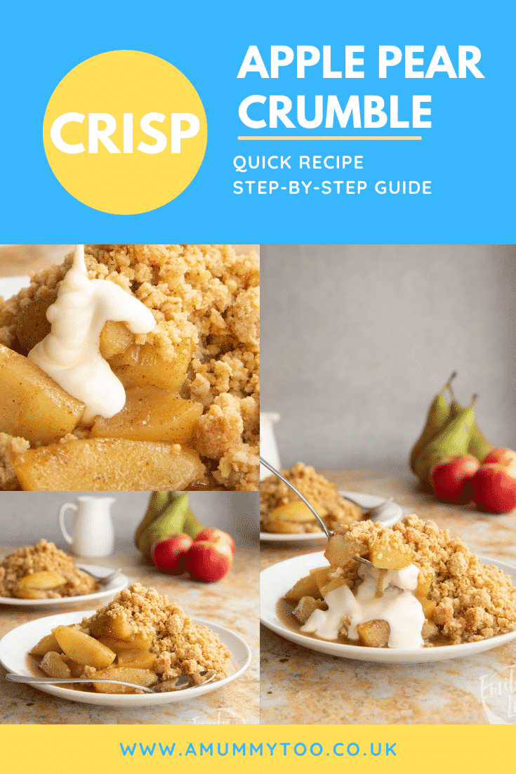 Collage of apple pear crumble and custard served to a small white plate with a spoon. Caption reads: Crisp apple pear crumble. Quick recipe. Step-by-step guide.