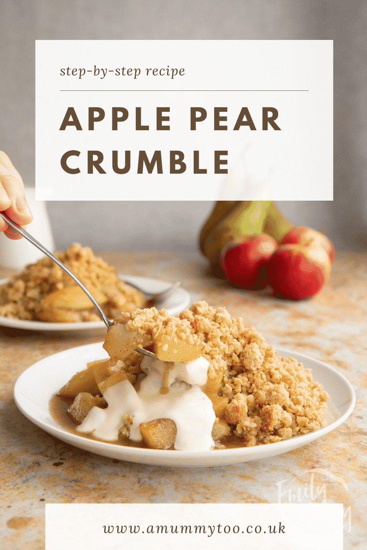 Apple pear crumble and custard served to a small white plate. A spoon delves in. Caption reads: Step-by-step recipe Apple pear crumble. 