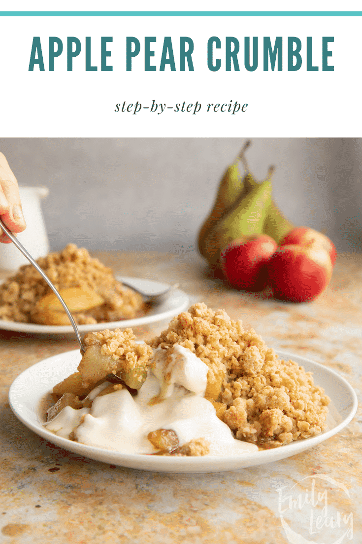 Apple pear crumble and custard served to a small white plate. A spoon delves in. Caption reads: Apple pear crumble. Step-by-step recipe