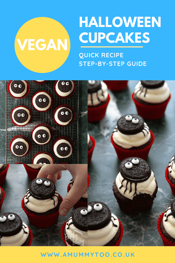 Collage of vegan Halloween cupcakes, decorated with Oreos to look like spiders. Caption reads: Vegan Halloween cupcakes. Quick recipe. Step-by-step guide