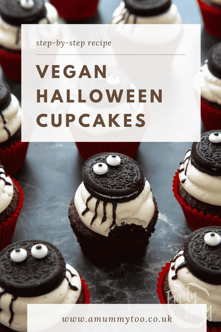 Vegan Halloween cupcakes, decorated with Oreos to look like spiders. Caption reads: Step-by-step recipe. Vegan Halloween cupcakes. 