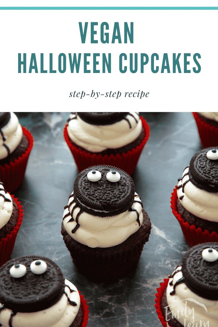 Vegan Halloween cupcakes, decorated with Oreos to look like spiders. Caption reads: Vegan Halloween cupcakes. Step-by-step recipe.