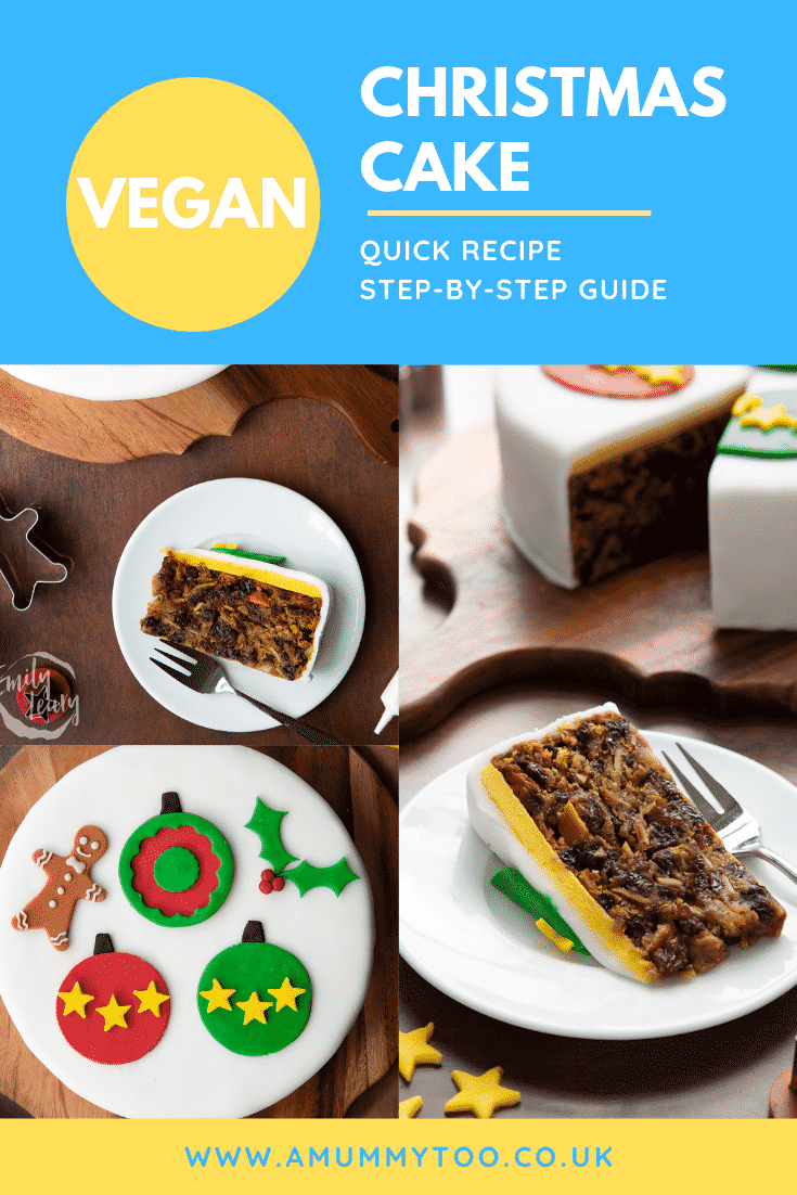 Collage of images of decorated vegan Christmas cake. Caption reads: Vegan Christmas cake. Quick recipe. Step-by-step guide.