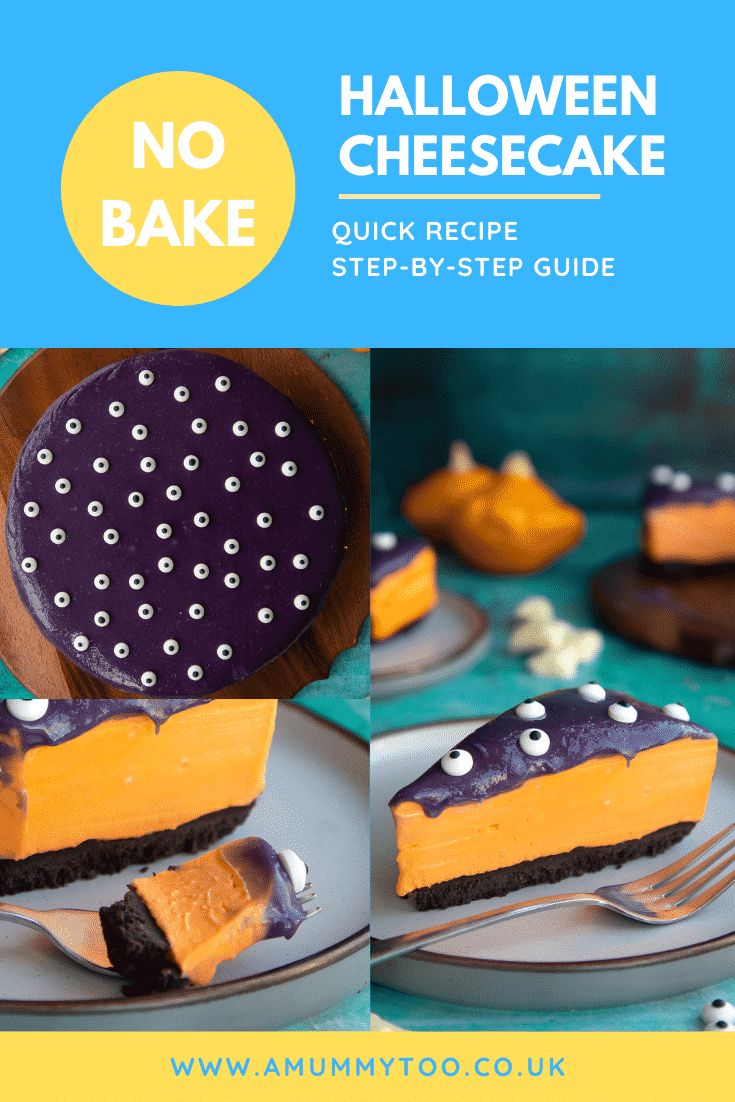 Collage of orange and strawberry Halloween cheesecake with an Oreo base. Caption reads: No bake Halloween cheesecake. Quick recipe. Step-by-step guide.