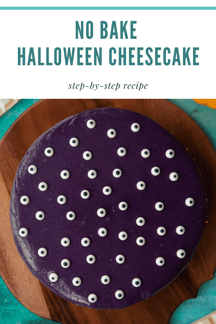 Orange and strawberry Halloween cheesecake decorated with candy eyes on a board. Caption reads: No bake Halloween cheesecake. Step-by-step recipe