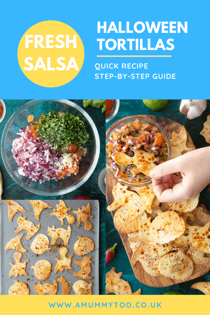 Collage of Halloween tortillas on a board with a small bowl of tomato salsa. Caption reads: Fresh salsa. Halloween tortillas. Quick recipe. Step-by-step guide.